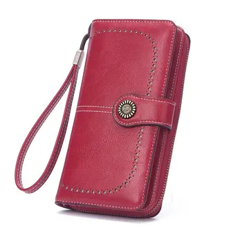 2023 Женская Длинная сумочка, Новый винтажный Масляно-восковой Кожаный Полый кошелек, сумка для мобильного телефона большой емкости, женский кошелек