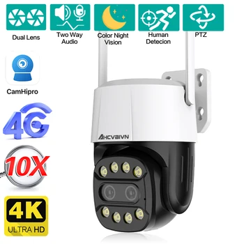 4G SIM-карта 4K 8-мегапиксельная Двухобъективная PTZ IP-камера безопасности с автоматическим отслеживанием Ai Наружный 10-кратный зум Wifi Беспроводная камера видеонаблюдения P2P