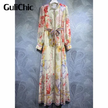 6.16 GuliChic/Подиумная мода, цветочный принт, воротник-стойка, Однобортное длинное платье со шнуровкой, Высокая талия, темперамент, Женское длинное платье