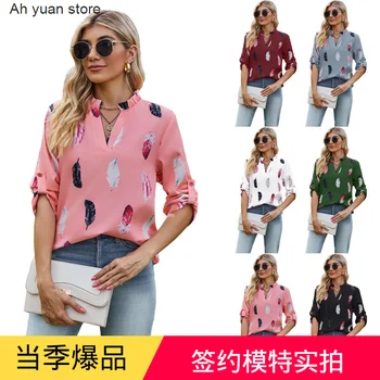 Ah yuan 2023 Осенняя Новая женская свободная рубашка с V-образным вырезом и принтом из перьев с рукавом 3/4 для женщин