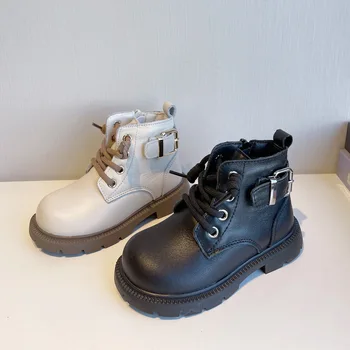 MODX, детские ботинки из натуральной кожи, осень-зима, новые короткие ботинки для девочек на мягкой подошве, крутая повседневная обувь для мальчиков, Черный, бежевый цвет