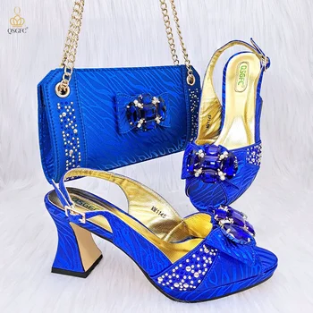 QSGFC Королевская синяя благородная объемная сумка с элегантными туфлями на высоком каблуке, итальянский популярный дизайн, африканская женская обувь, набор сумок