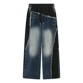 Винтажные джинсовые брюки с нашивками в стиле хип-хоп, мужские джинсовые брюки Harakuju, Выстиранная уличная одежда, джинсовые брюки с эластичным поясом
