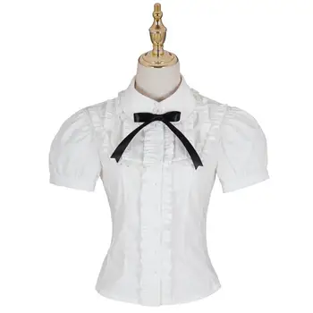 Женская летняя блузка Lolita Sweet Ladies с коротким рукавом, белая повседневная кружевная рубашка с бантом из ленты Lolita