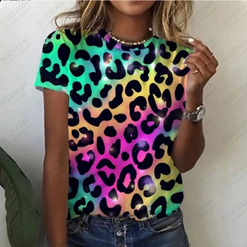 Женская летняя новая модная сексуальная футболка с леопардовым принтом и 3D-принтом с коротким рукавом, повседневный топ в индивидуальном стиле с круглым вырезом
