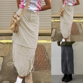Женская свободная однотонная рабочая одежда с узким карманом и застежкой-молнией в американском стиле, Длинная юбка, спортивные брюки, женские брюки с высокой талией