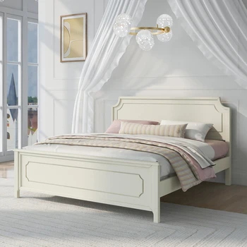 Кровать-платформа из цельного каучукового дерева молочно-белого цвета, подходит для мебели интерьера спальни, King-Size