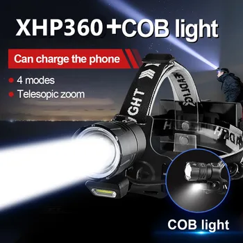Мощный светодиодный налобный фонарь XHP360, супер яркие USB-перезаряжаемые налобные фонари, Масштабируемая фара, Головной фонарь для кемпинга и рыбалки