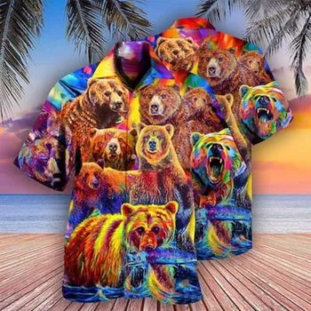Мужская рубашка, летняя гавайская рубашка, рубашка с лацканами с принтом животного медведя, синие повседневные праздничные мужские рубашки на пуговицах с коротким рукавом