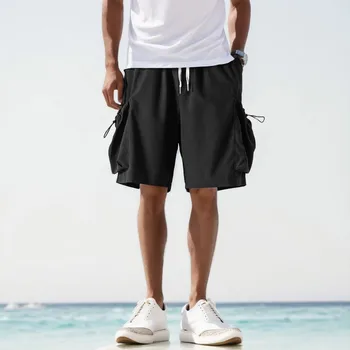 Мужские шорты-карго, однотонный прямой комбинезон, ретро-шорты, пляжные брюки, деловые, социальные, свободные пляжные шорты с эластичной резинкой на талии, мужские