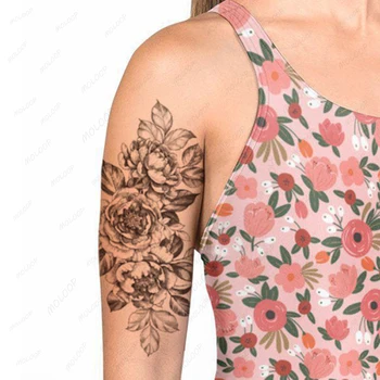 Наклейка с татуировкой Черная роза Пион Цветочные листья Дизайн тотема Поддельные татуировки Флэш-тату Водонепроницаемая временная рука Боди-арт для женщин