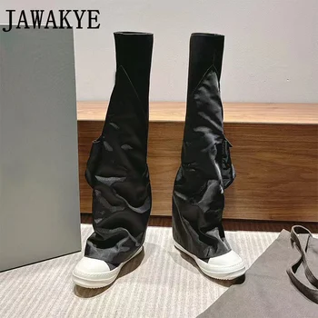 Новые летние черные эластичные модные длинные сапоги до колена, женские рыцарские сапоги с карманами, белые туфли на плоской платформе, зимние женские ботинки