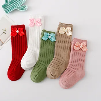 Новые носки принцессы для маленьких девочек, эластичные носки с жемчугом и бантом, дышащие носки-трубочки для малышей, аксессуары для детских чулок