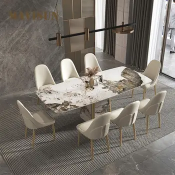 Обеденный стол из каменной плиты, роскошный каменный светильник, роскошная современная минималистичная комбинация обеденного стола и стула итальянского дизайнера высокого класса