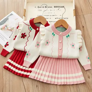 Осенний свитер с кукольным воротником для маленькой девочки, комплекты из двух предметов, Зимний вязаный кардиган для девочек, Комплект плиссированной юбки с цветочным рисунком, детская милая одежда