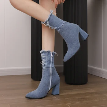 Осень 2023, джинсовые сапоги с острым носком в западном сексуальном стиле длиной 20/52 см, женские темно-/ светло-синие женские туфли на высоком каблуке с блоками