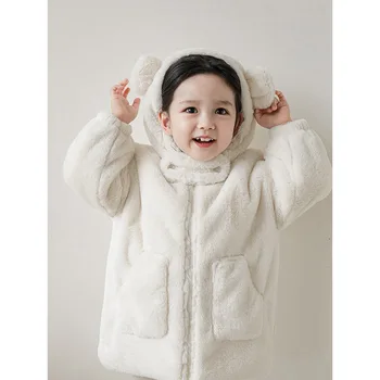 Пальто, плюшевое пальто для девочек, теплая новинка осеннего сезона, детская одежда, милая свободная плотная верхняя одежда, повседневная, простая, приятная на ощупь.