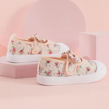 Парусиновая обувь для девочек, Защищающая Пальцы ног ребенка, Розовая Повседневная обувь с цветочным принтом и бантом, Детская Спортивная обувь, Детские Кроссовки на мягкой подошве