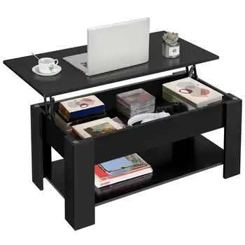 Современный журнальный столик SMILE MART с подъемной столешницей, потайным отделением и местом для хранения, черный