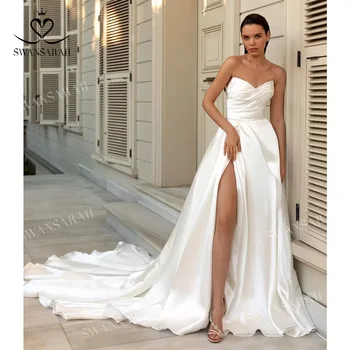 Шикарное Атласное Свадебное платье 2023 с Разрезом Трапециевидной формы, Придворный Шлейф, Платье Принцессы Невесты SwanSarah P257, Большие Размеры, Vestido De Novia