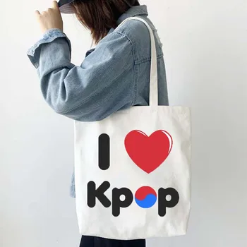 Я люблю KPop Korea Heart Flags с принтом K-pop, женские сумки-тоут, холщовая сумка для покупок, многоразовые Летние Большие сумки через плечо.