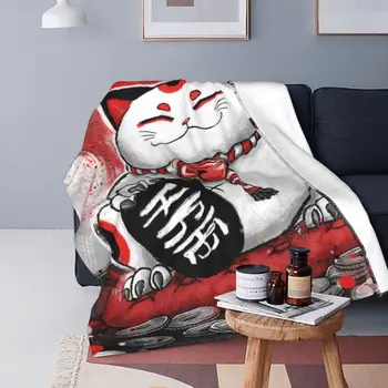 Японское искусство Lucky Cat Ультра-Мягкое флисовое одеяло в стиле ретро, теплая спальня, мультистиль