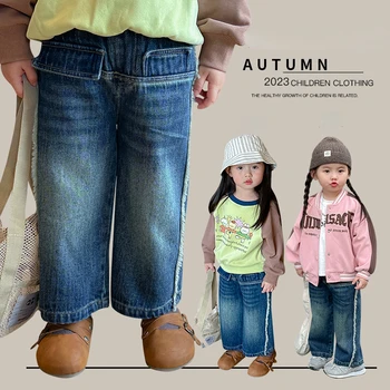 Винтажные джинсы для девочек, осень 2023, новые детские флисовые широкие брюки, модные повседневные брюки-шорты для девочек