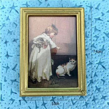 Миниатюрный кукольный домик 1:12, настенная картина в рамке, Девушка и кошка, Настенная живопись маслом, Аксессуары для домашнего декора